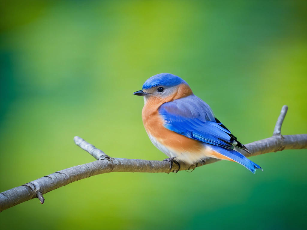 Eastern Bluebird perched on a branch, vibrant blue and orange feathers, lush green background