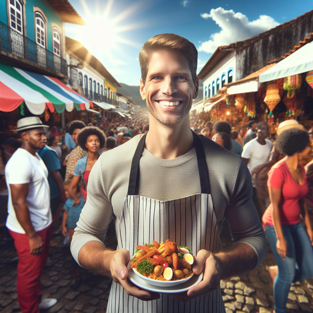 proprietário do restaurante em frente ao estabelecimento, sorrindo e segurando um prato de comida mineira, cena de uma rua movimentada, pessoas passando em volta, sol forte, sombras fortes, cores vibrantes