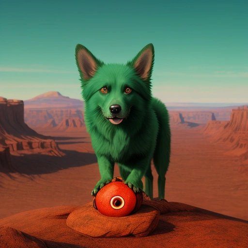 Small three-eyed dog-like creature playing with a Martian rock