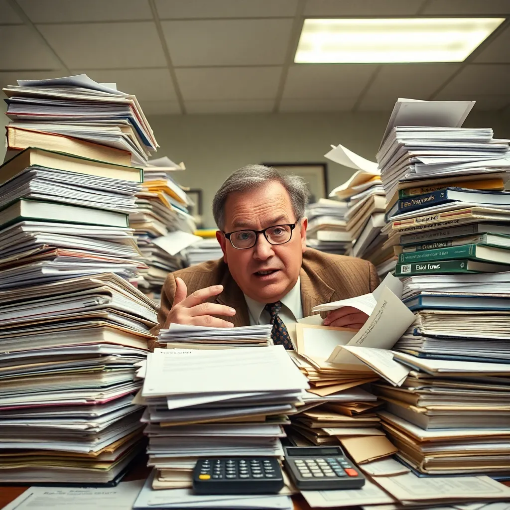 frazzled small-town mayor buried behind towering stacks of binders, yearbooks, apology letters, and calculators in a municipal office, fluorescent lights, chaotic paperwork avalanche, realistic political disaster scene
