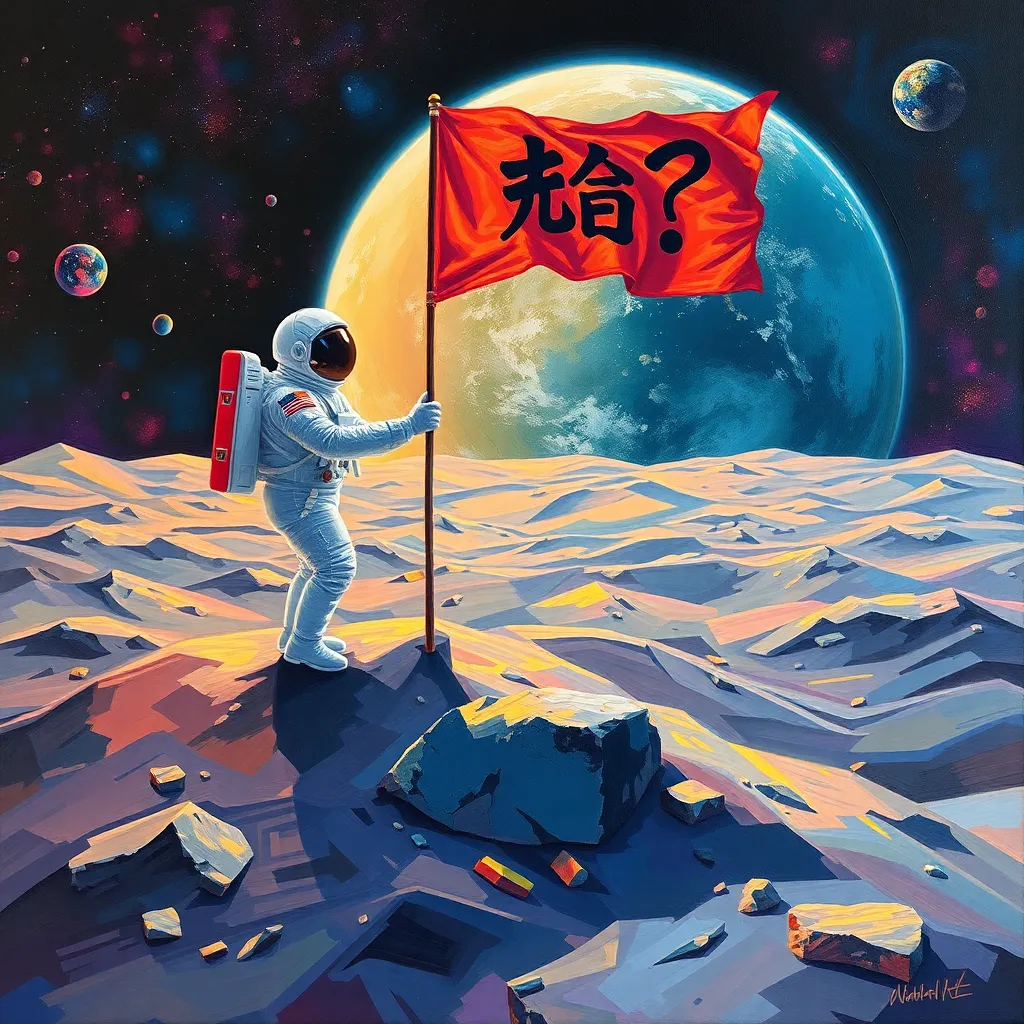 An astronaut on the moon planting a flag that says 'ШО?', Earth in the background, surreal oil painting style, vibrant colors
