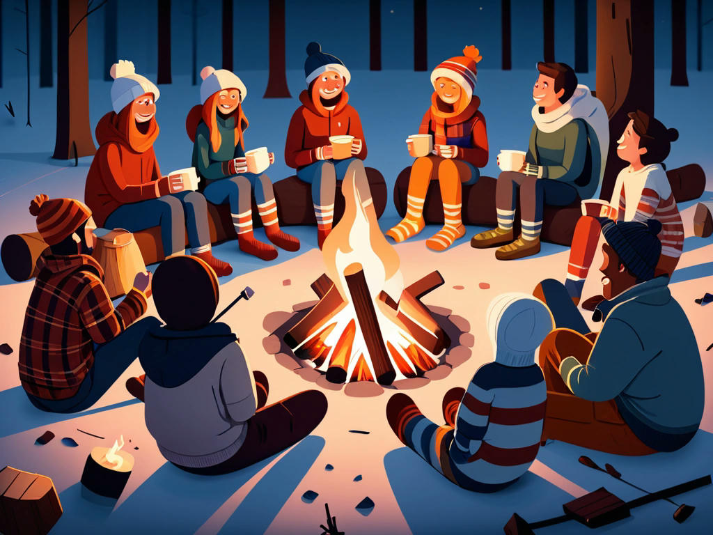 a group of socks gathered around a campfire, roasting marshmallows and swapping stories