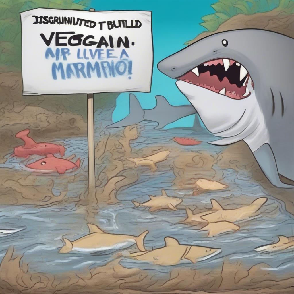 disgruntled tube worms holding protest signs near a sad, slowly oozing tofu lava flow, a shark wearing a 'Vegan Patrol' armband lurking in background