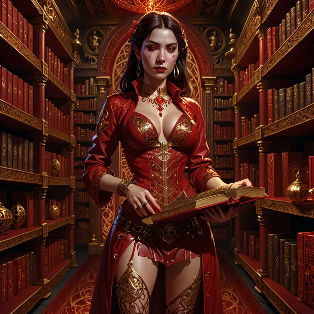 A Scarlet Siren holding an ancient tome bound in crimson material