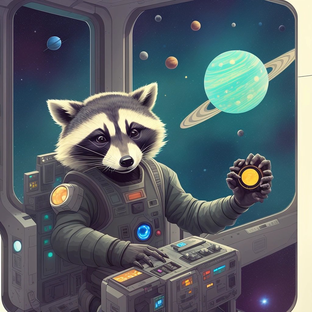 Raxionian raccoon aboard spaceship