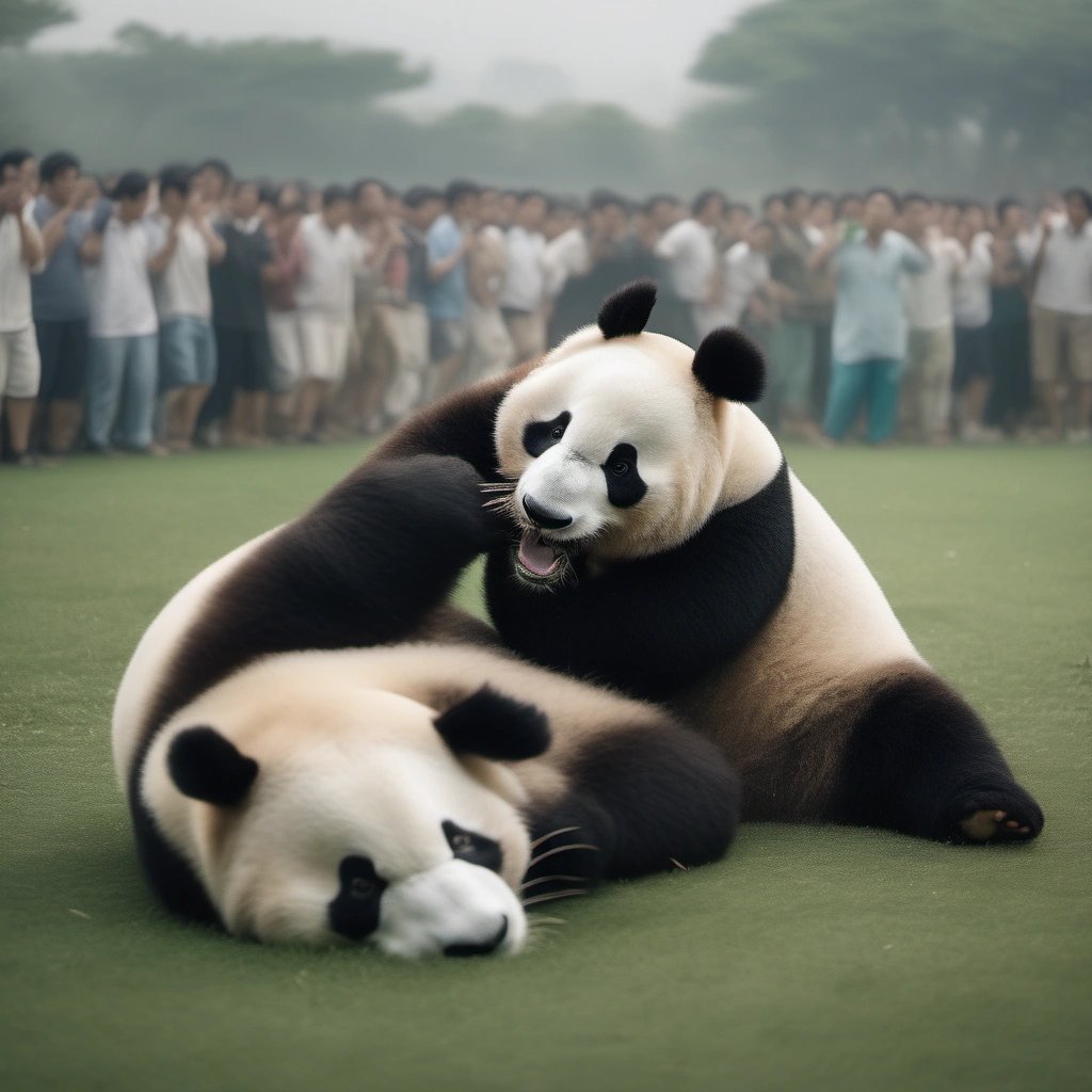 Pandas wrestling in their enclosure with people watching