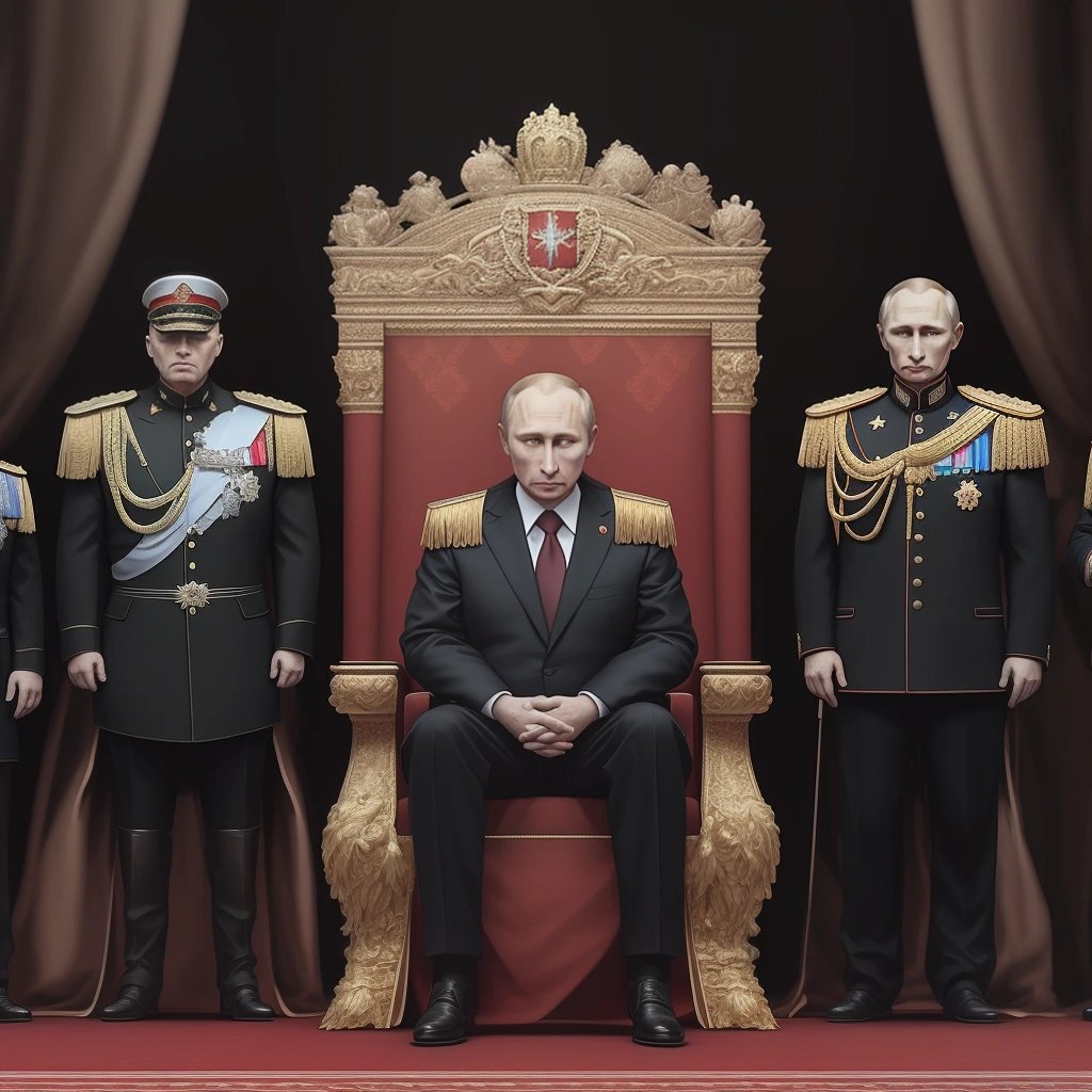 Putin sitting on a throne surrounded by world leaders
