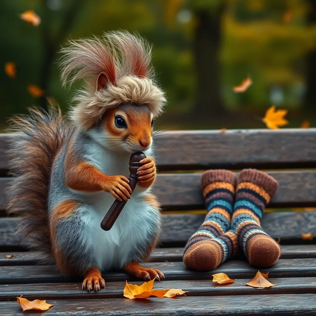 a single dejected squirrel wearing a tiny judge's wig, holding a gavel, glaring at a pair of abandoned mismatched socks on a park bench, autumn leaves swirling dramatically