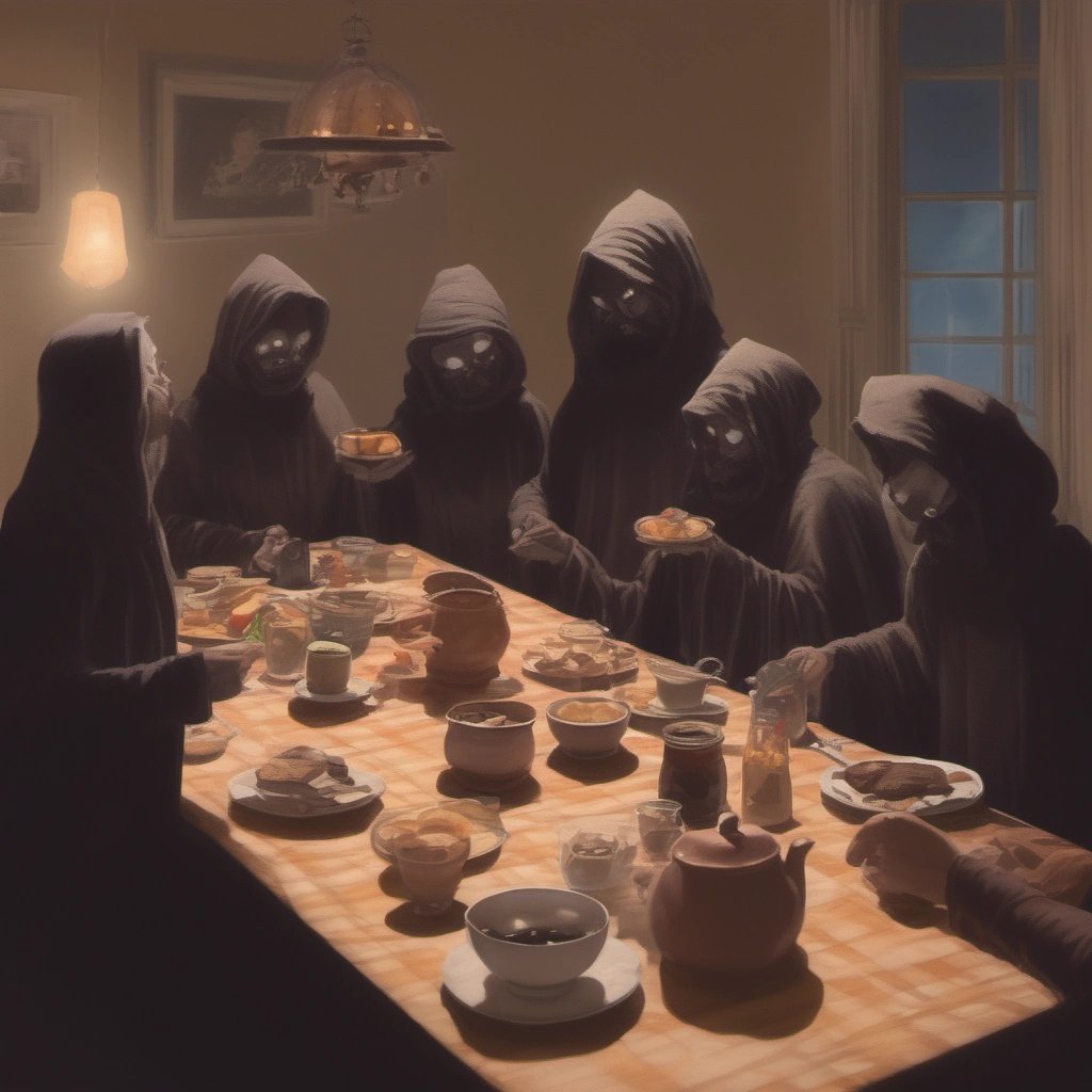 Shadowy figures in breakfast-themed robes at a secret Illuminutella meeting
