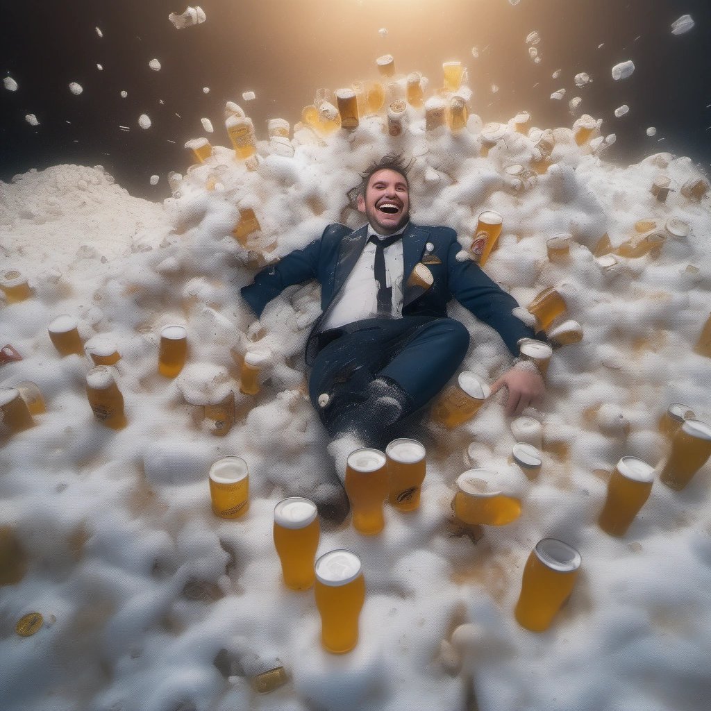 Captain Clumsy covered in beer foam