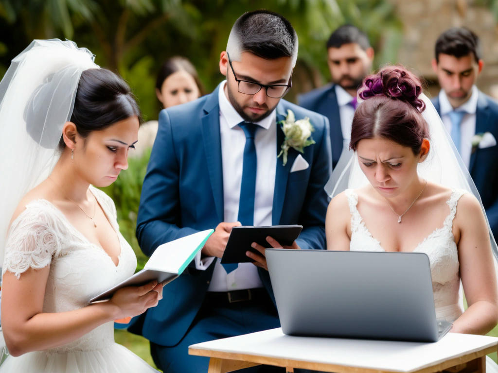 a wedding ceremony with a bride and groom reading vows from a laptop with ChatGPT open, guests looking puzzled