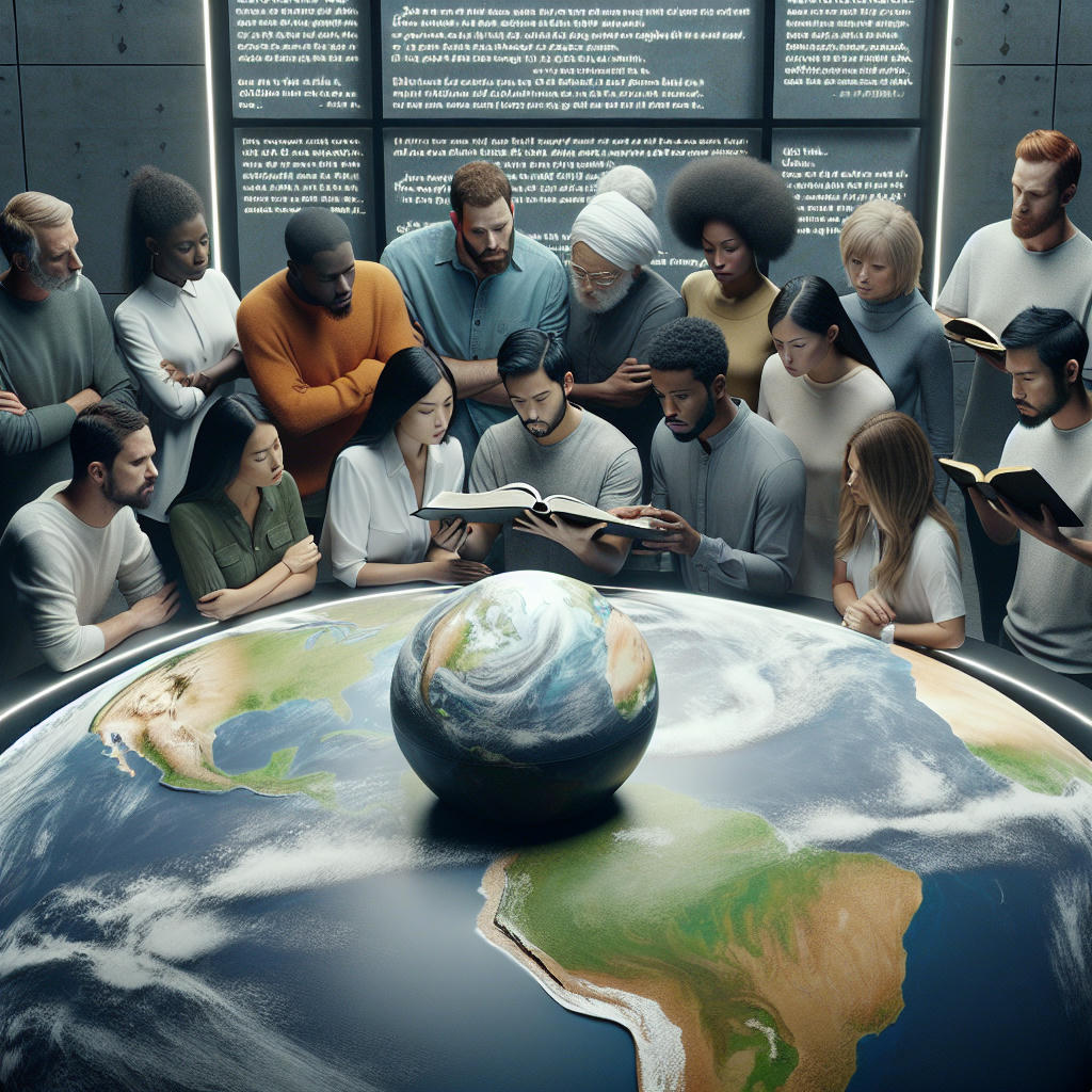 A group of people in a modern setting, holding a flat Earth model, with Bible verses displayed on a screen behind them, high detail, photorealistic