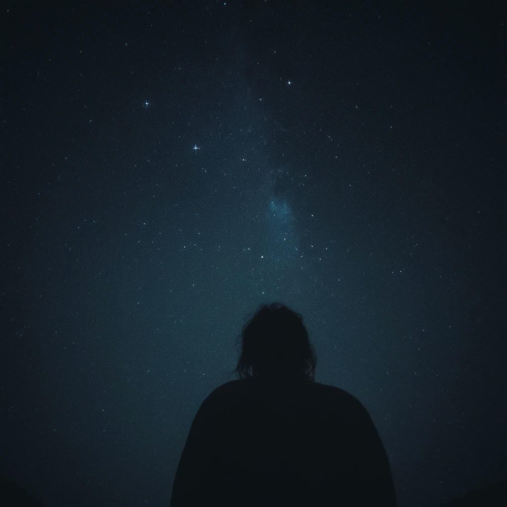 A person looking up at the stars, with a sense of wonder and awe on their face, dark sky, bright stars, cinematic, film grain, dreamy, ethereal