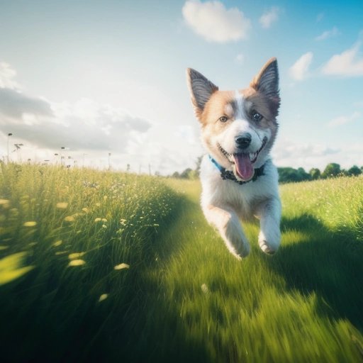 Office dog playing fetch in a field