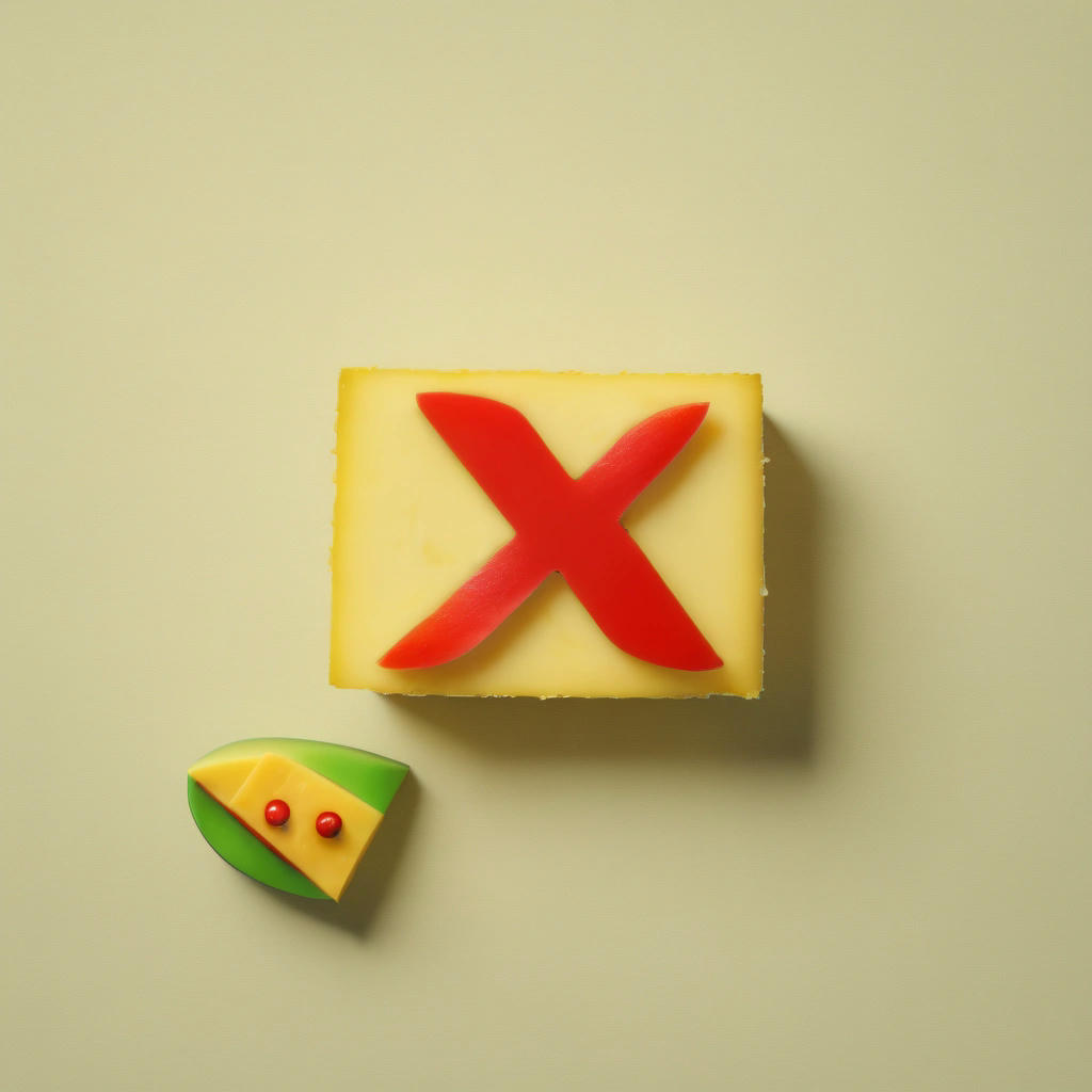 a split-screen image of a banana and a piece of cheese, with a big red X marked through the cheese, and a green checkmark on the banana, humorous, playful, colorful, contrasting