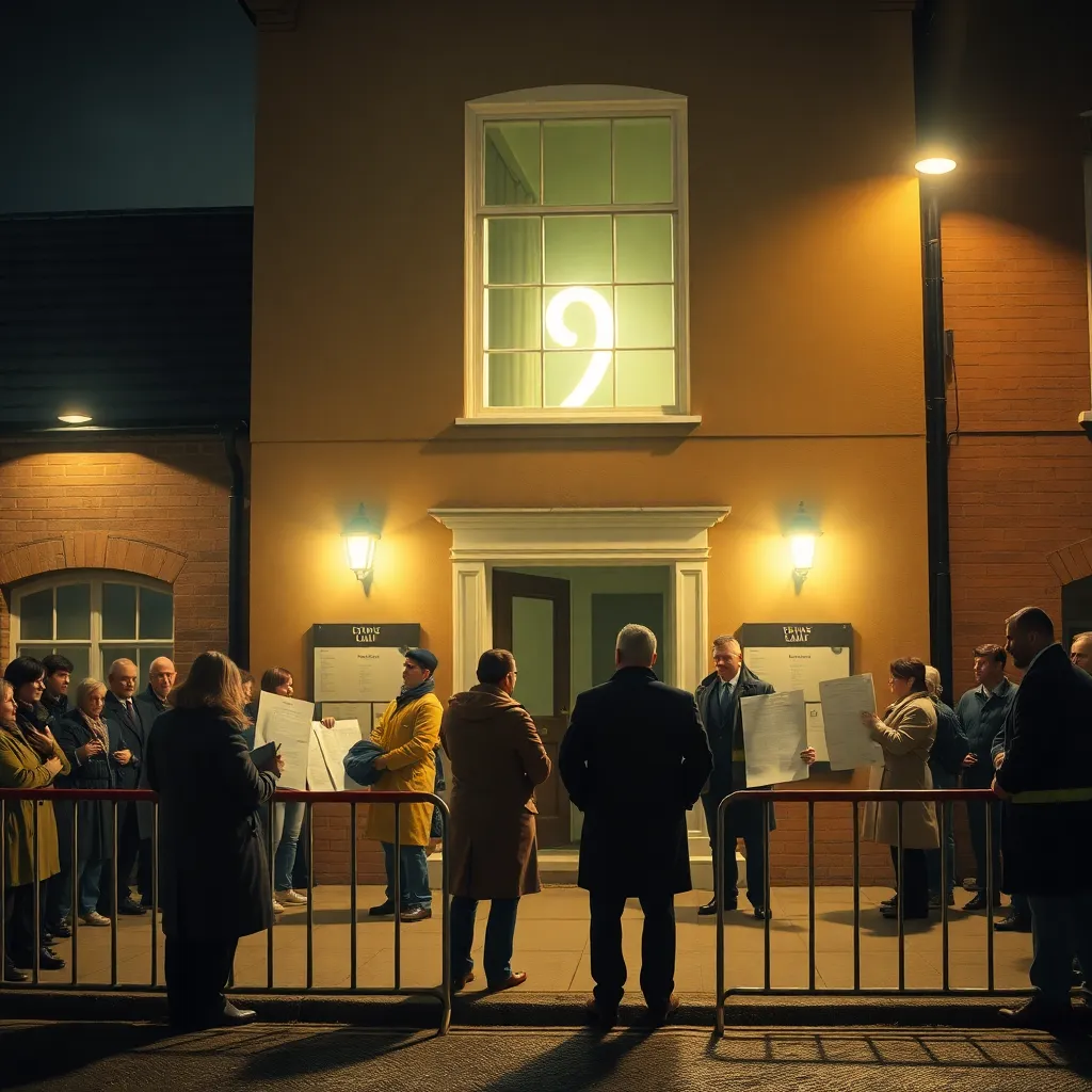 night outside a modest British town hall under emergency lights, baffled residents in coats gathered behind barriers, firefighters and council staff conferring over giant official documents, one ominous semicolon symbol glowing from an upstairs window, surreal yet believable, richly detailed