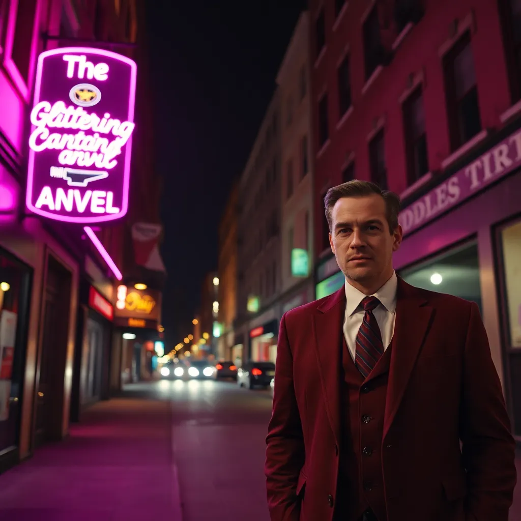 A wide shot of a mundane city street at night, a glowing neon sign for a bar called 'The Glittering Anvil' casting pink light on a man in a brown suit walking away with a completely neutral expression