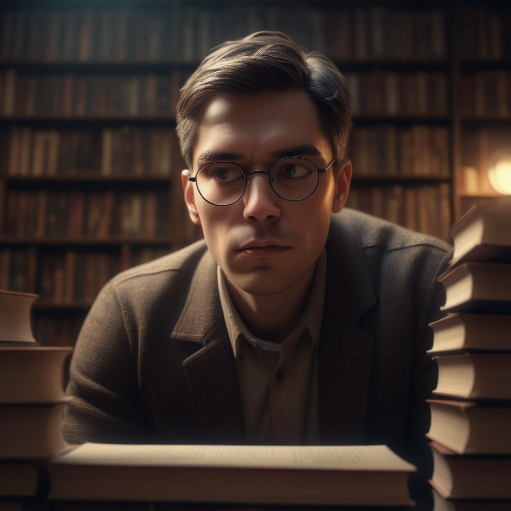 a person sitting in a library, surrounded by stacks of books, with a pair of glasses perched on the end of their nose, a look of intense concentration on their face, warm lighting, highly detailed, photorealistic, 4k, cinematic, concept art by Ash Thorp