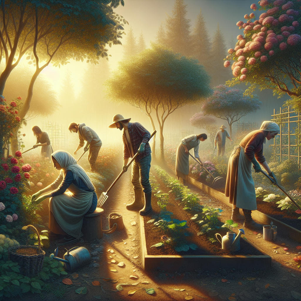 a serene garden with multiple gardeners each tending to specific tasks, high detail, realistic, warm lighting