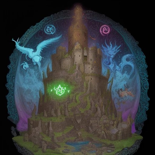 Mythical creatures and arcane symbols surrounding the fortress