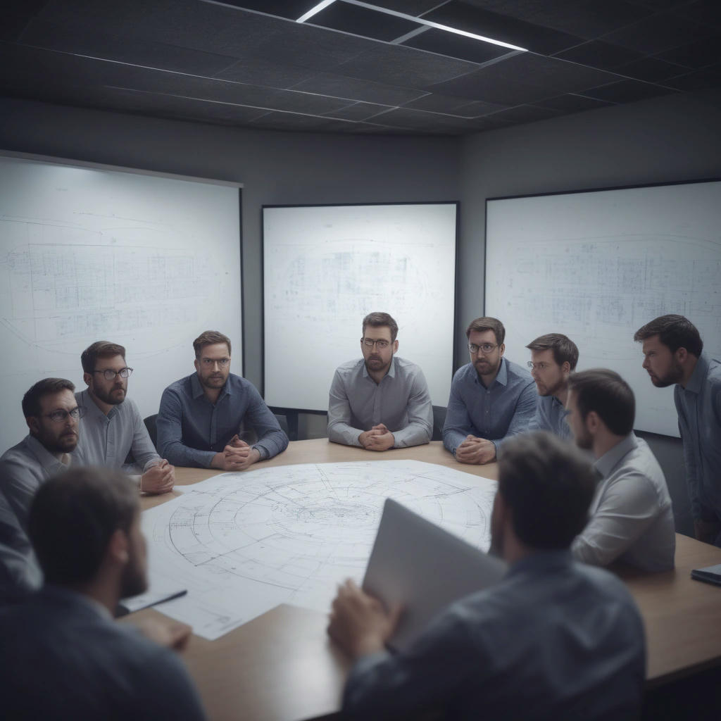 a team of developers sitting in a circle, staring at a whiteboard with a complex diagram, looking confused and frustrated, while a manager in the background looks on, smiling smugly, office setting, dim lighting, 2k resolution, muted colors, chaotic composition