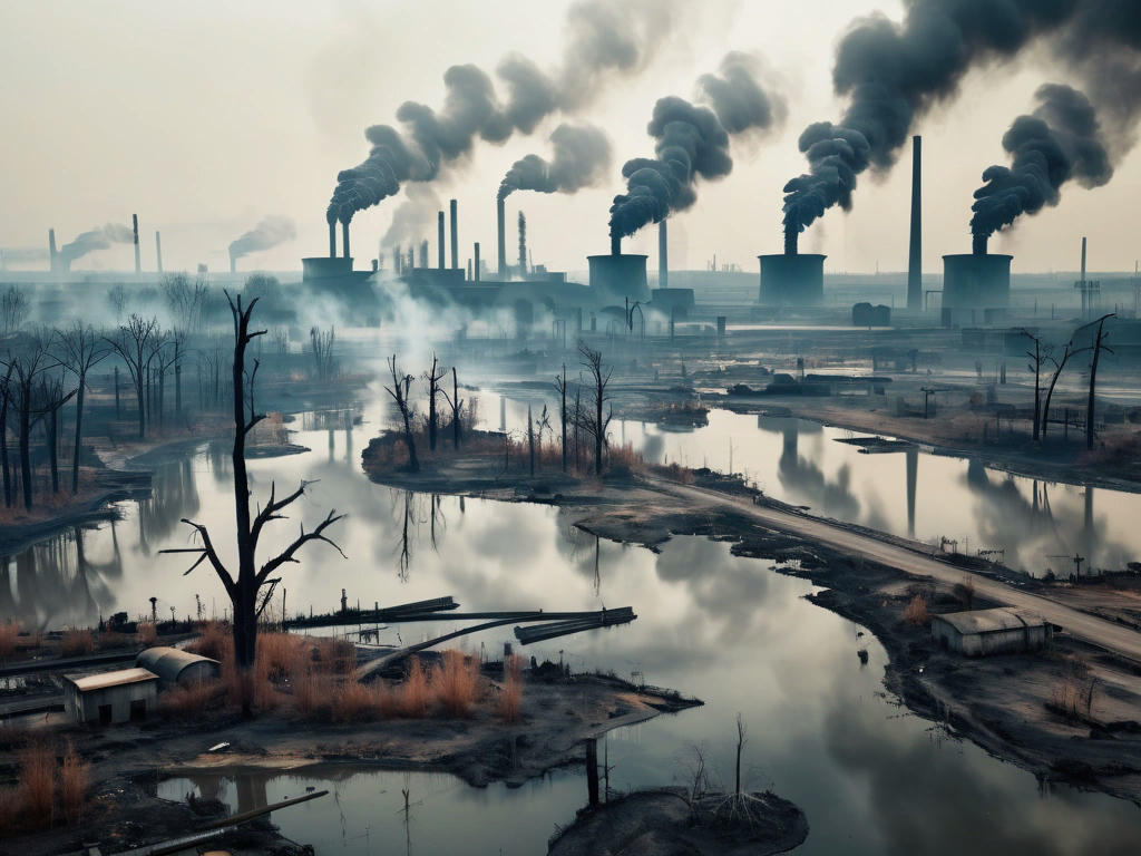 a polluted landscape with factories emitting smoke, dead trees, and contaminated water