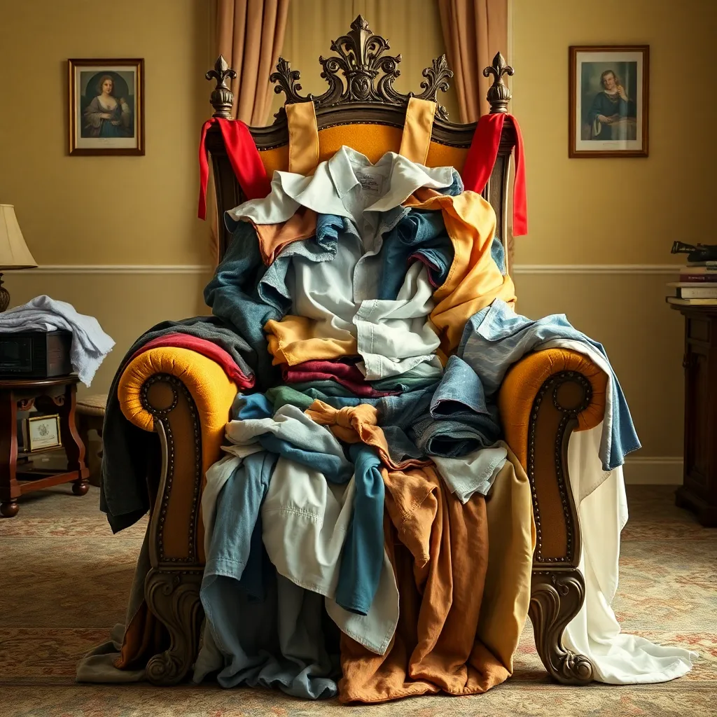 a regal armchair transformed into a throne made of neatly chaotic clothes, socks draped like banners, shirts layered like royal robes, warm household lighting, majestic and ridiculous composition