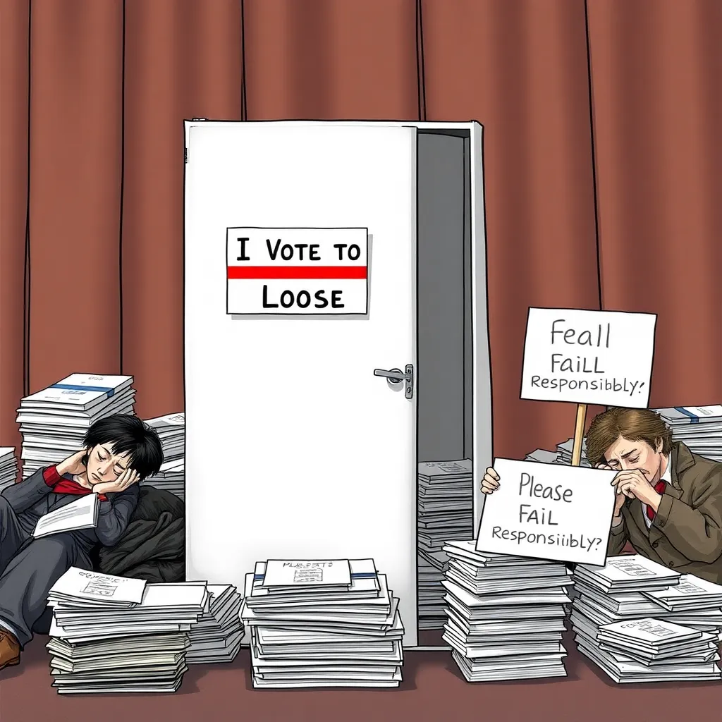 a voting booth with a 'I Voted to Lose' sticker, surrounded by exhausted poll workers napping on stacks of ballots, one holding a sign that reads 'Please Fail Responsibly'