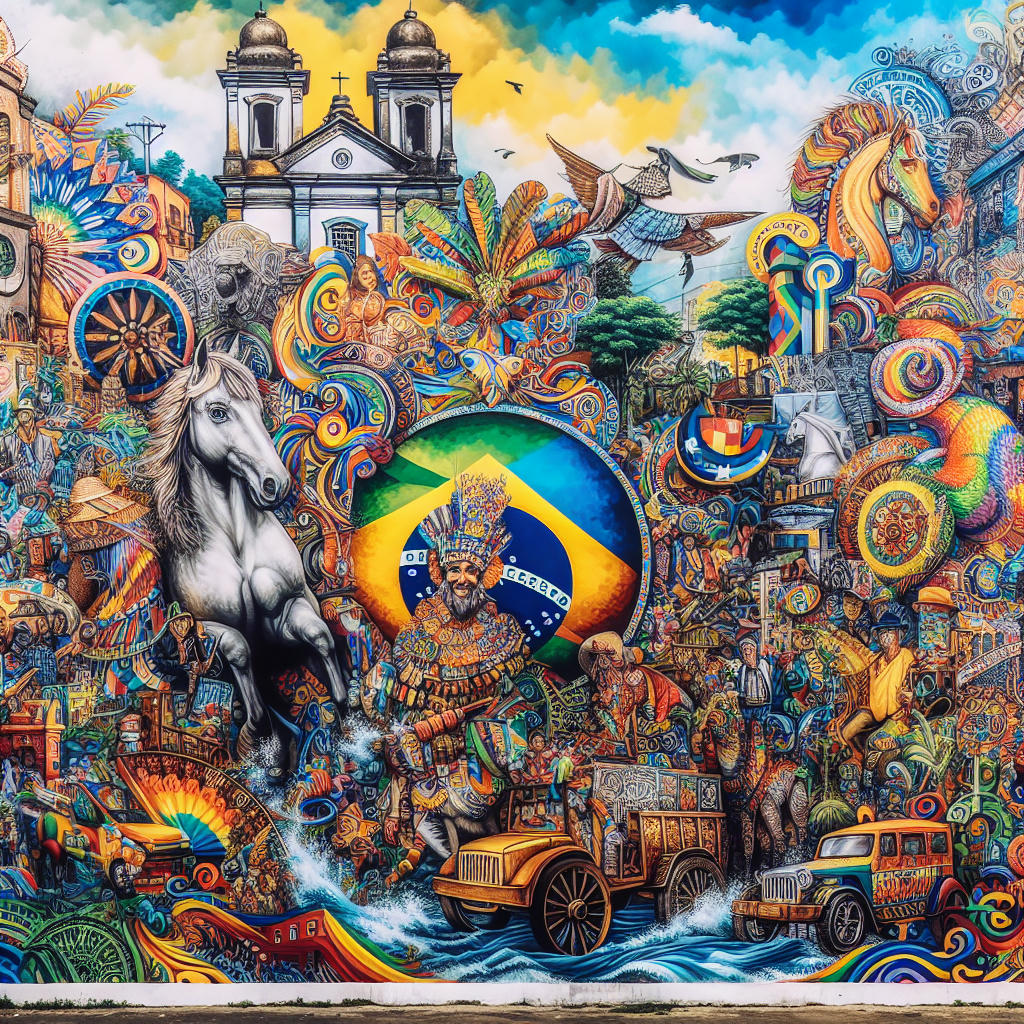 A vibrant street art mural in Porto Alegre, depicting mineiro and Rio Grande do Sul cultural symbols blending together, colorful and detailed, high-quality, 8k, trending on artstation, award-winning photography