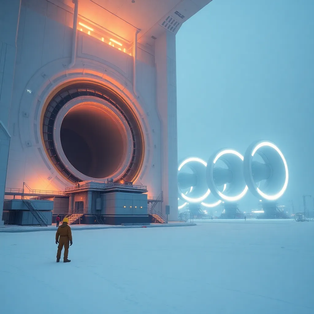 vast futuristic Ukrainian power plant using contained black hole gravity generators, elegant industrial architecture, workers in advanced protective suits, giant turbines bending light subtly, snowy steppe outside, surreal yet believable sci-fi engineering