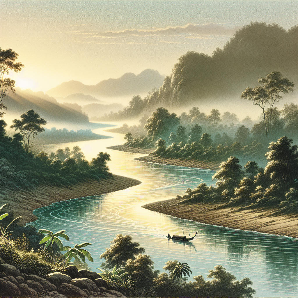 a flowing river adapting to the landscape, high detail, realistic, serene atmosphere