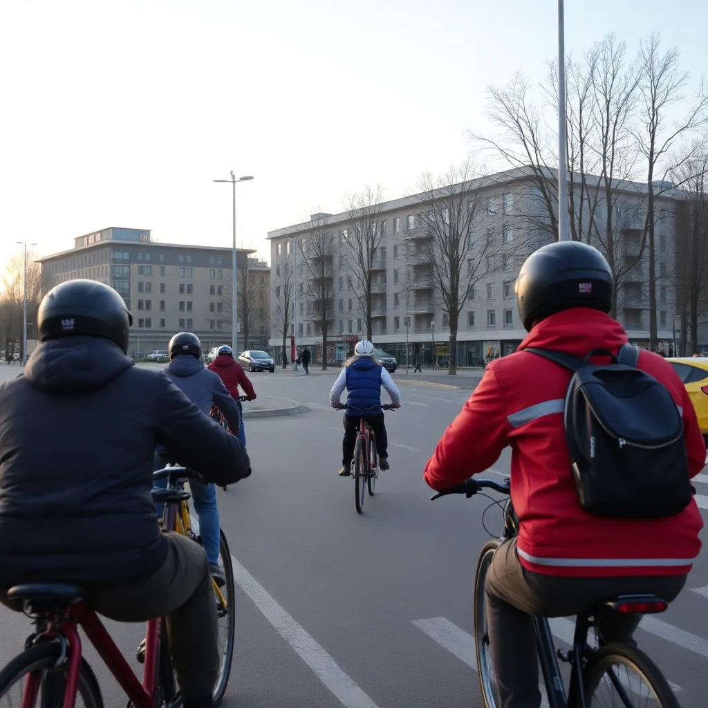 Водій в спорткарусі знімає на телефон село Дороги здалеку через бінокль, на задньому плані — селяни на велосипедах з крилами від паперового літака