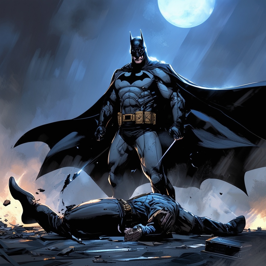 Batman emerges victorious from the showdown, a batarang in hand.