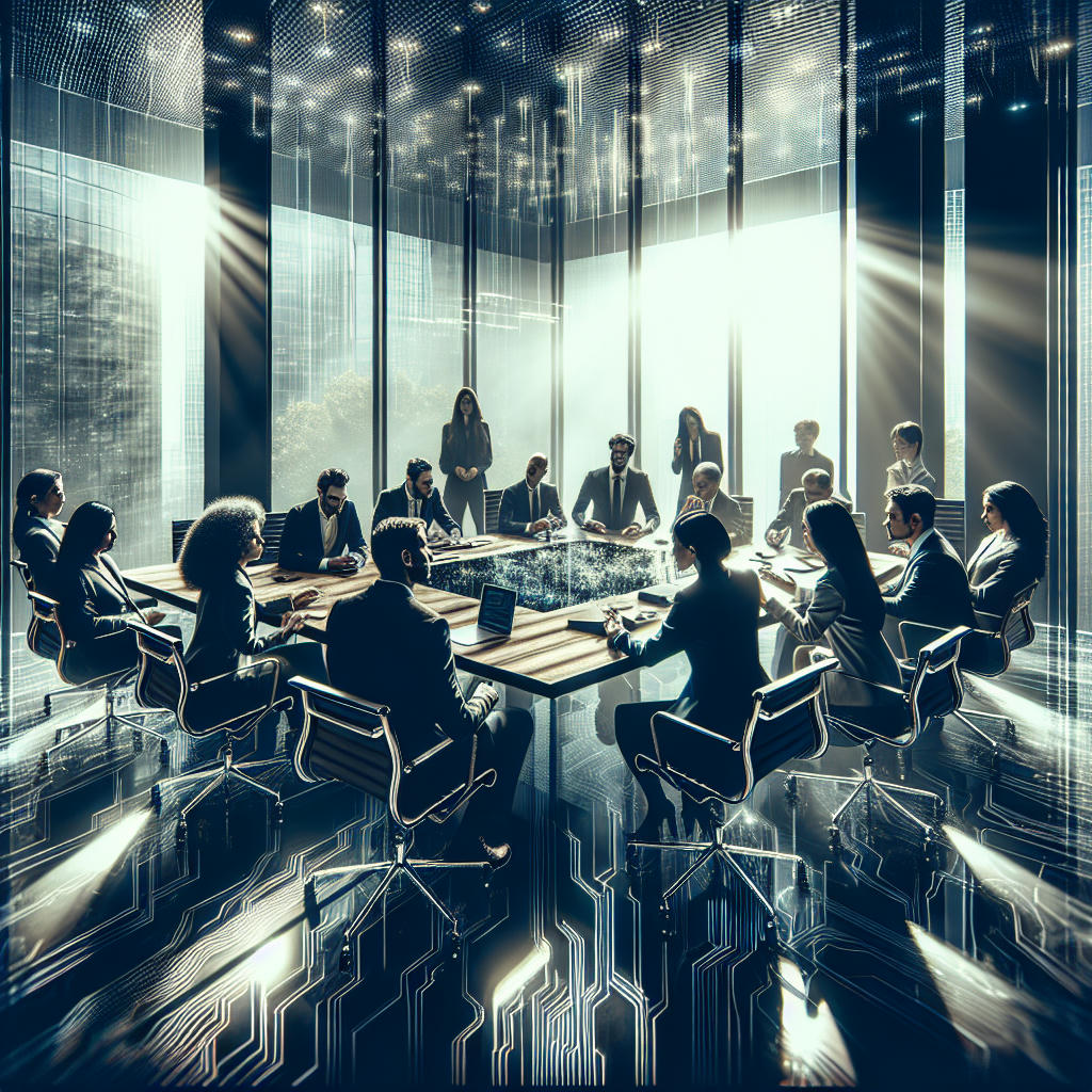 a high-stakes meeting between startup founders and venture capitalists in a sleek, modern boardroom, intense discussions, detailed expressions, dynamic lighting, high resolution