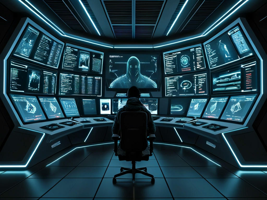 A person sitting comfortably in a futuristic, high-tech command center, surrounded by screens displaying CrowStrike's threat detection and analytics, feeling safe and secure, futuristic, high-resolution, cinematic