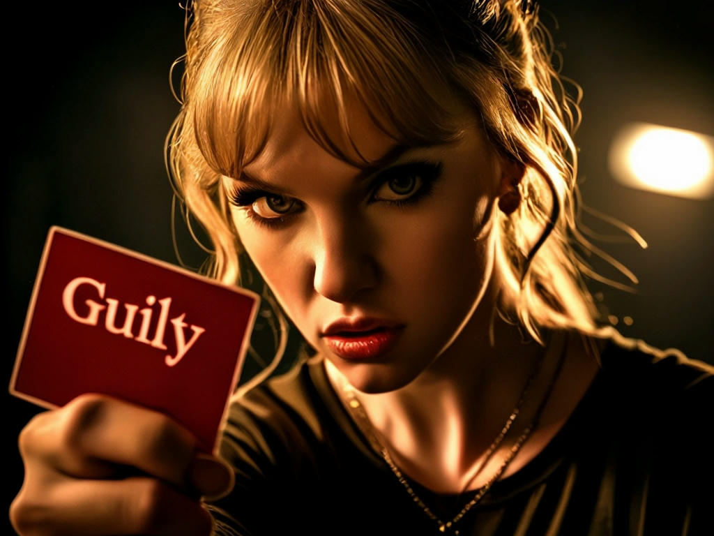 A Swiftie, with a stern expression, pointing a finger, with a 'Guilty' stamp on the foreground, dramatic lighting, intense atmosphere