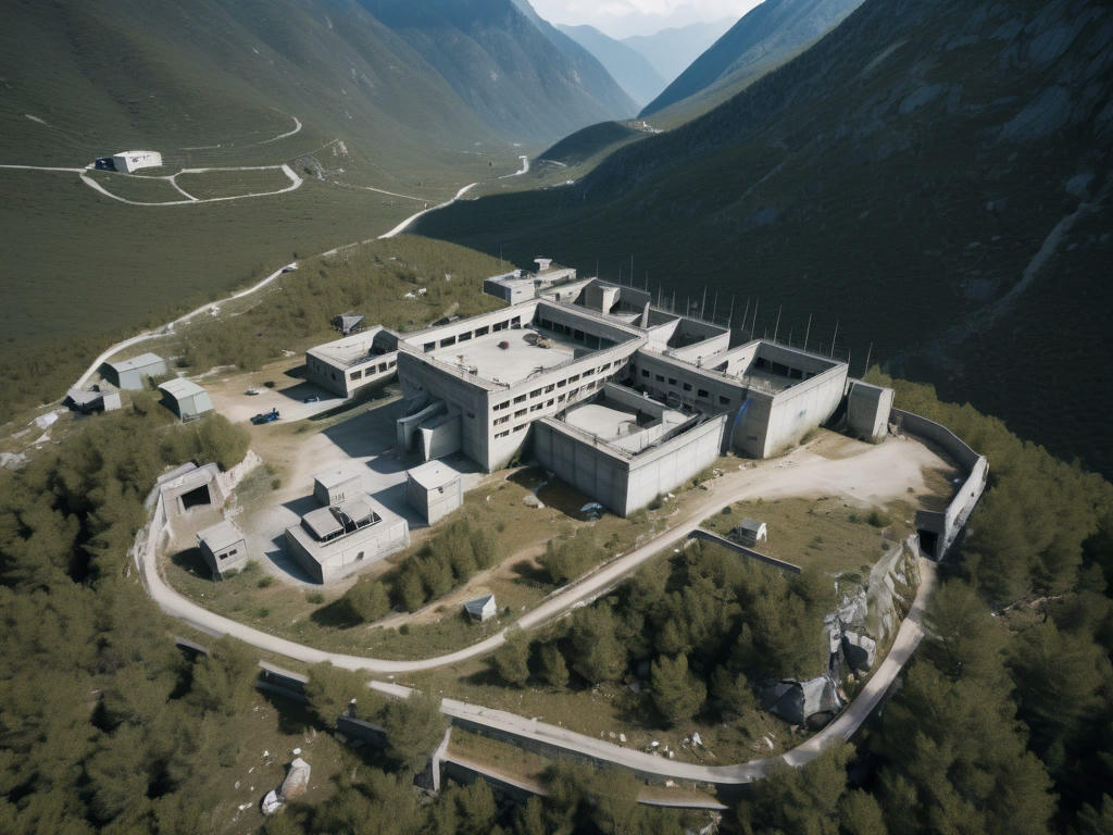 aerial view of a secretive military facility in a remote mountainous region, surrounded by high security fences and watchtowers