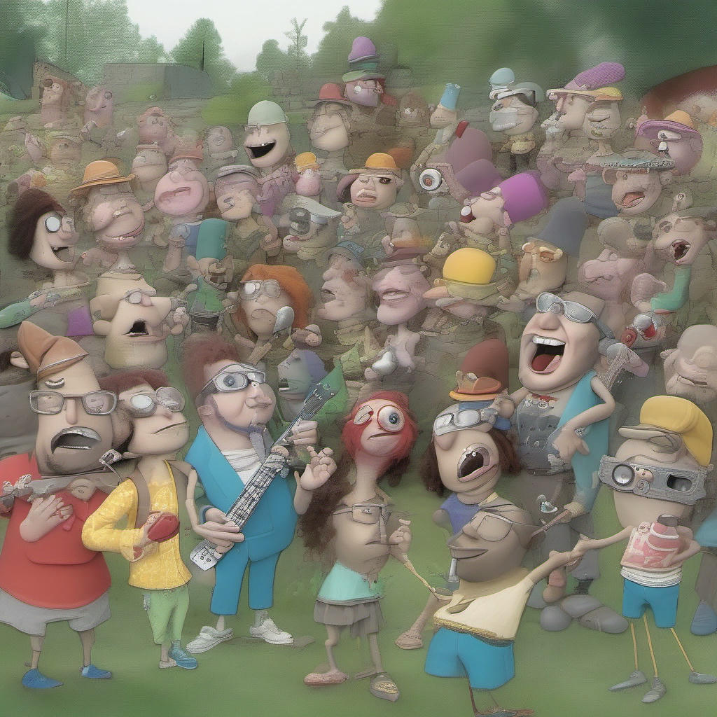 A group of anthropomorphic rocks, singing and dancing together in the backyard.