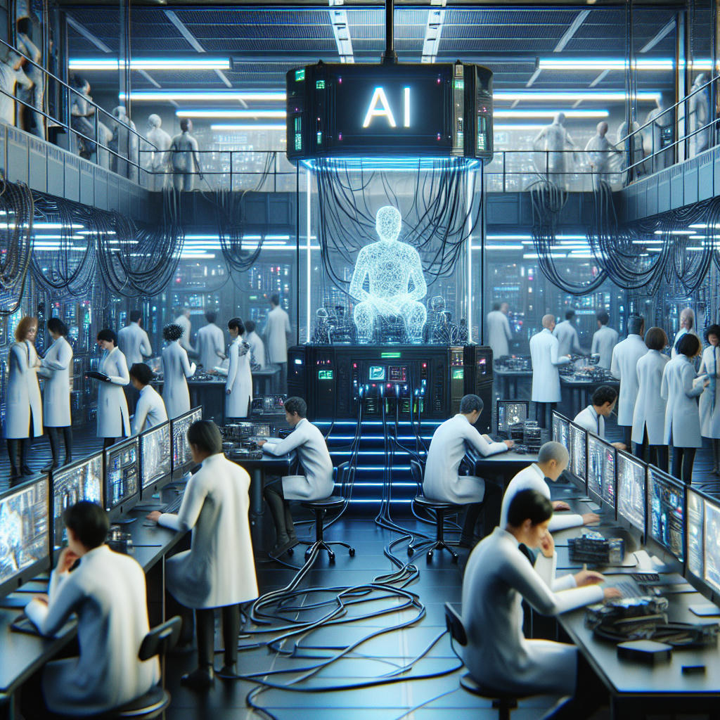 a futuristic laboratory with scientists in white coats, a glowing black box labeled 'AI', wires and screens everywhere, high-tech environment, extremely detailed, photorealistic, cyberpunk aesthetic, intricate, high detail, art by midjourney