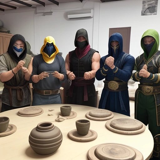 Scorpion and other Mortal Kombat characters at a pottery class