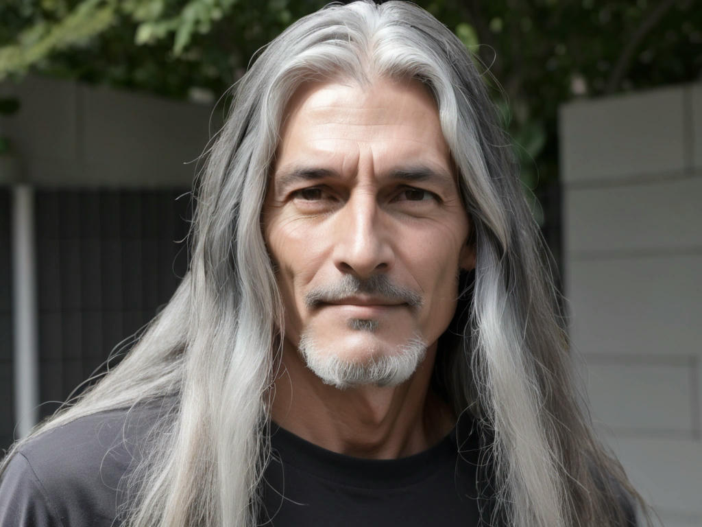 a man with very long hair, with visible gray roots and a mix of gray and non-gray strands