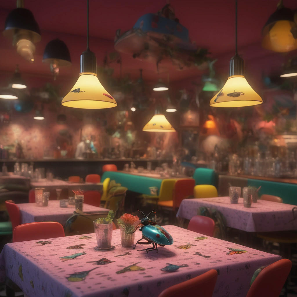 A bustling, colorful restaurant interior with eclectic clientele, bug-shaped lamps, insect-print tablecloths, and a waiter with a handlebar mustache and beetle-adorned bow tie, high detail, vibrant, playful, whimsical, 3d rendering, cinematic lighting