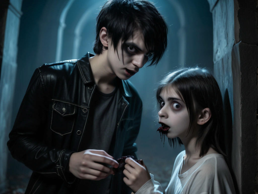 a young man with a predatory look consuming a young ghost girl in a dark labyrinth