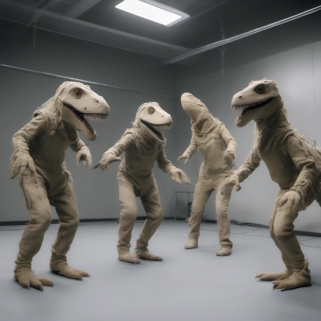 Puppeteers practicing with the dinosaur puppets
