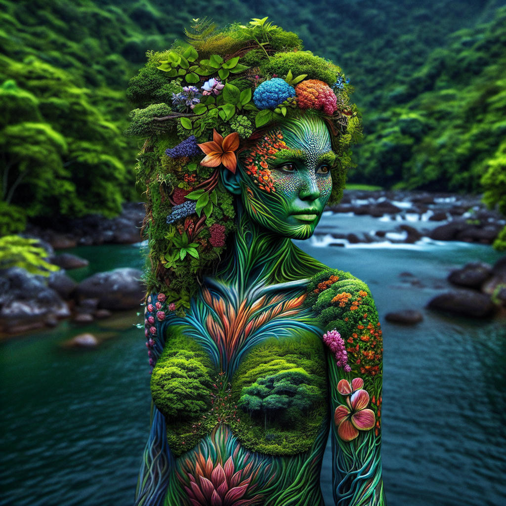 woman with body paint resembling a forest nymph, surrounded by lush greenery, high detail, photorealistic, vibrant colors, masterpiece, award-winning photography, trending on artstation