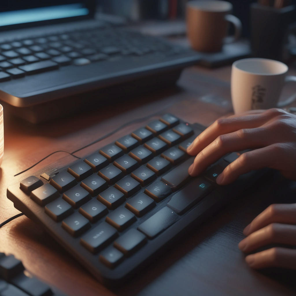 A close-up of a programmer's hands typing on a keyboard, with Raku code on the screen, surrounded by coffee cups and coding books, warm lighting, cozy atmosphere, 4k, high detail, concept art by Simon Stalenhag