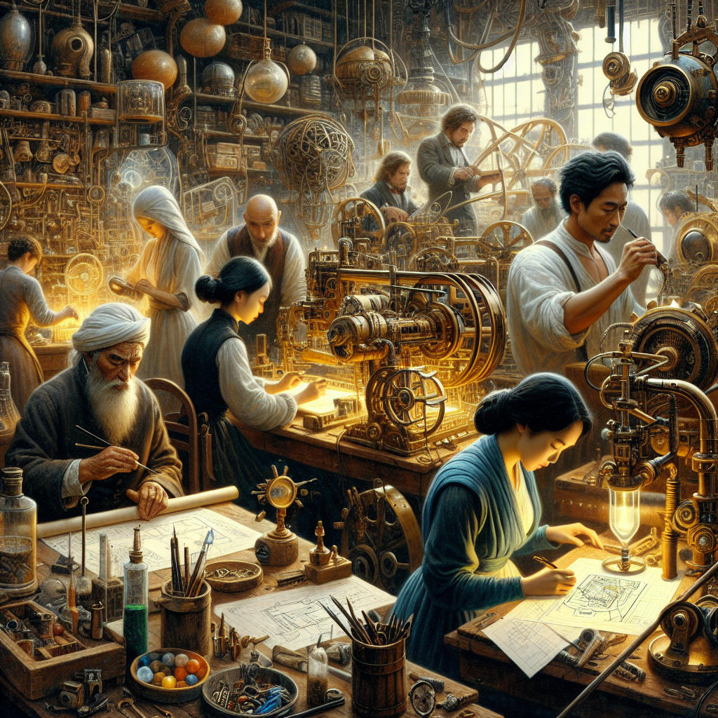 inventors in a workshop, creating new devices, high detail, art by midjourney