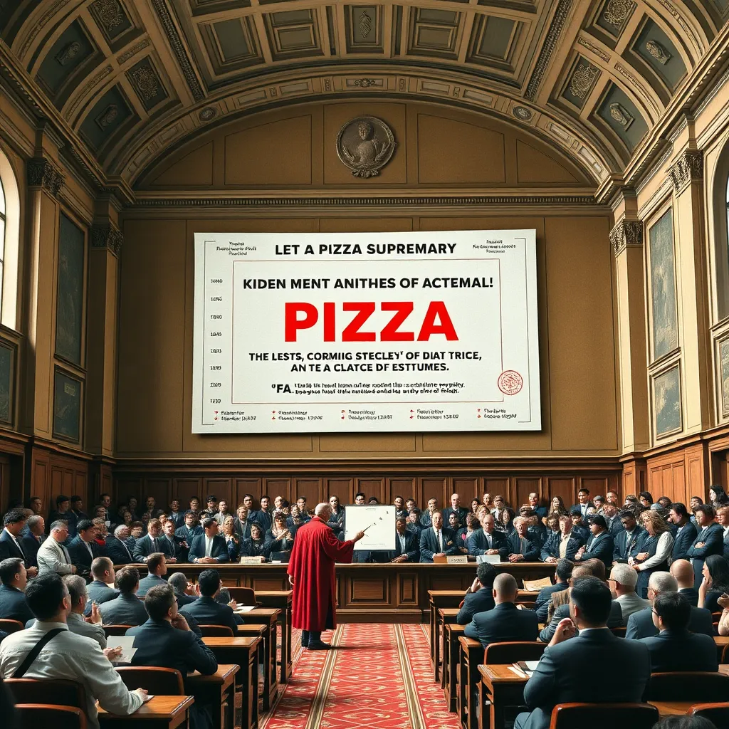 grand academic lecture hall where professors in robes present giant charts about pizza supremacy, one enormous slogan hovering like a cosmic prophecy over confused students, renaissance-meets-modern absurdity, richly detailed