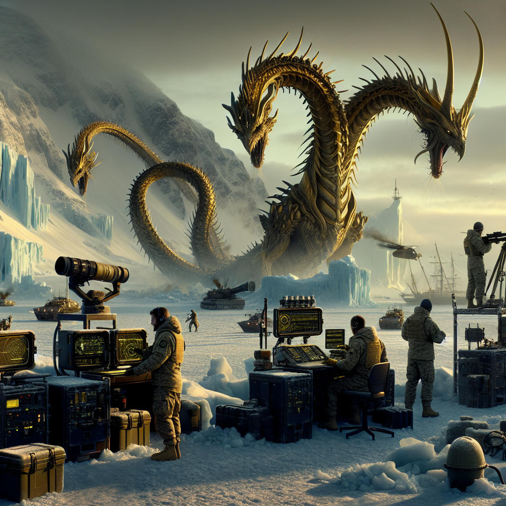 A desolate Antarctic wasteland, fortified with military defenses, soldiers and scientists preparing for the final confrontation with King Ghidorah, dramatic lighting, hyper-realistic, intricate details, 8k resolution