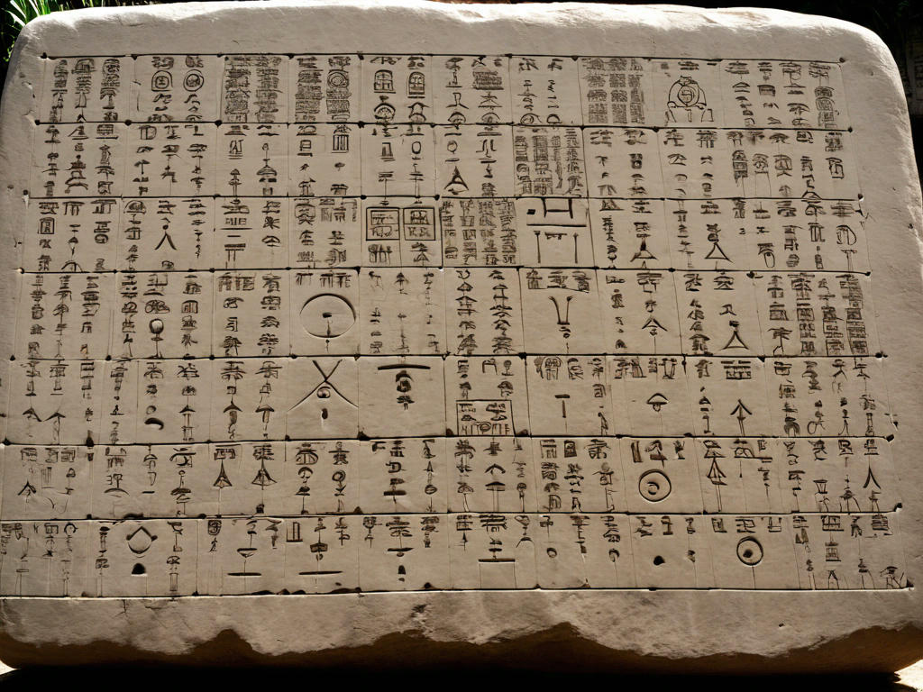 a close-up of the stone tablet, with the unknown language and symbols etched into its surface